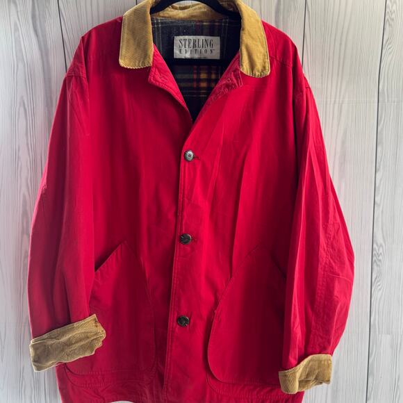Vintage Red Chore Barn Coat Large Corduroy Collar Flannel Lined (READ) - Picture 1 of 12